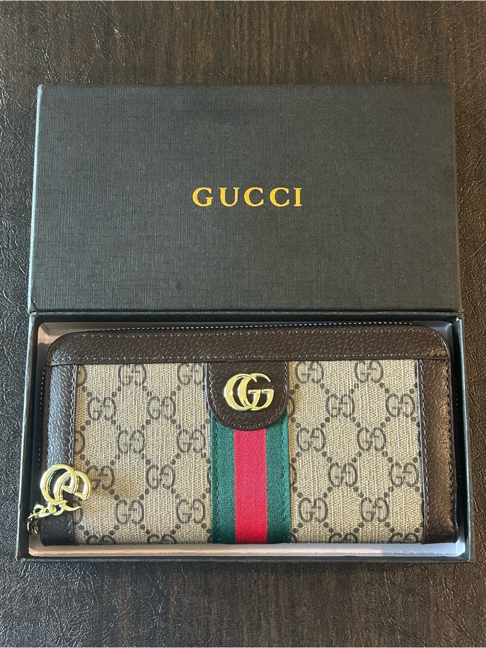 Gucci GG Supreme Canvas Zip Wallet with Web Stripe - Beige/Brown/Green/Red